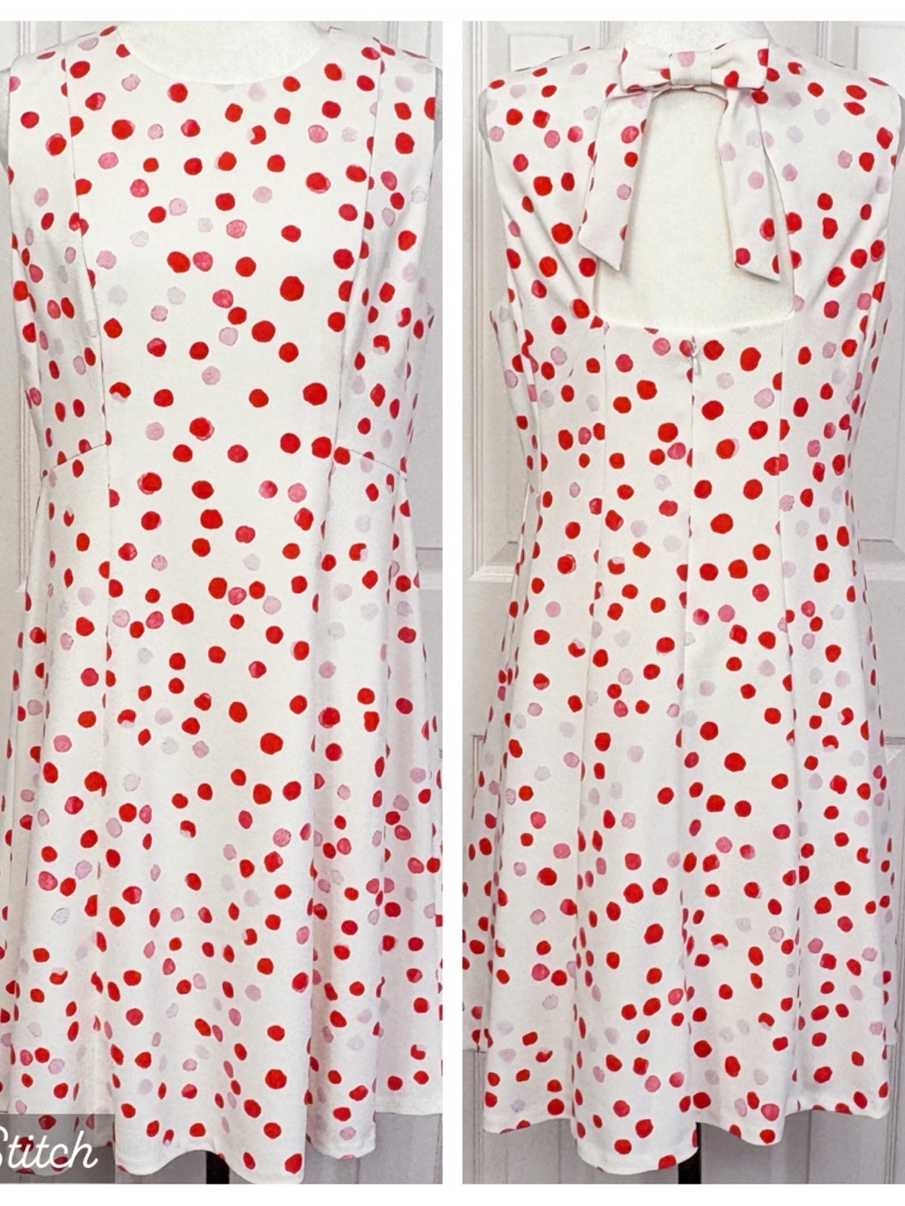 DKNY White & Red Polka Dot Print Sleeveless Bow Back Fit & Flare Dress 12